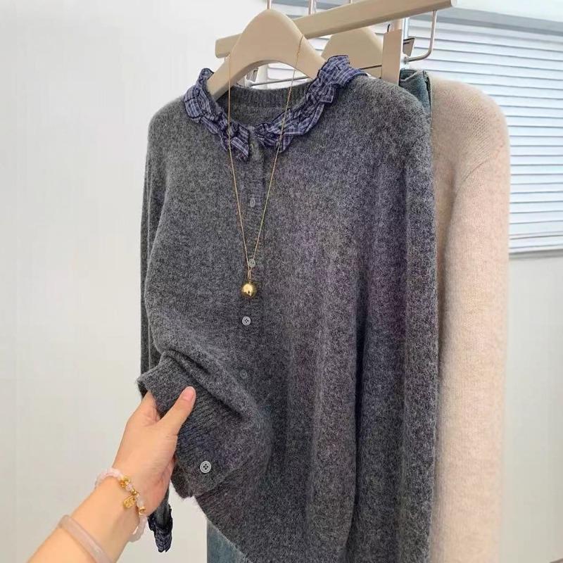 Dark Gray Plaid Fungus Edge Long-sleeved Knitted Cardigan Sweater Jacket with Women's Temperament Top New