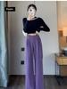 Meilade Autumn Winter Chinese Style Pao Kuao Fleece-Lined Sherniel Wide Leg Pants Women High Waist Drop Crotch Straight Leg Casual Trousers