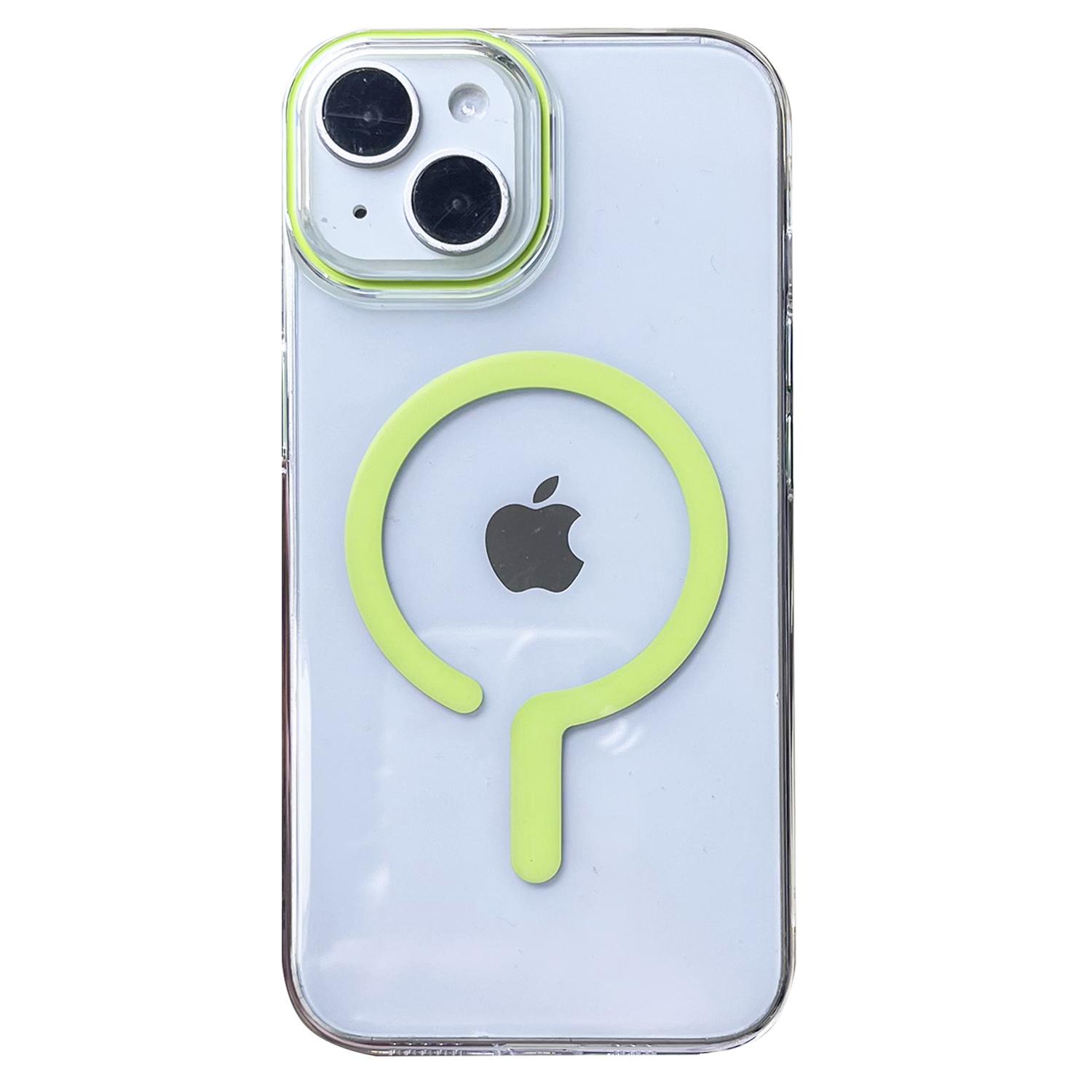 

For iPhone 15 Magnetic Case Clear Hard PC Back+Soft TPU Frame Phone Cover Fluorescent Green