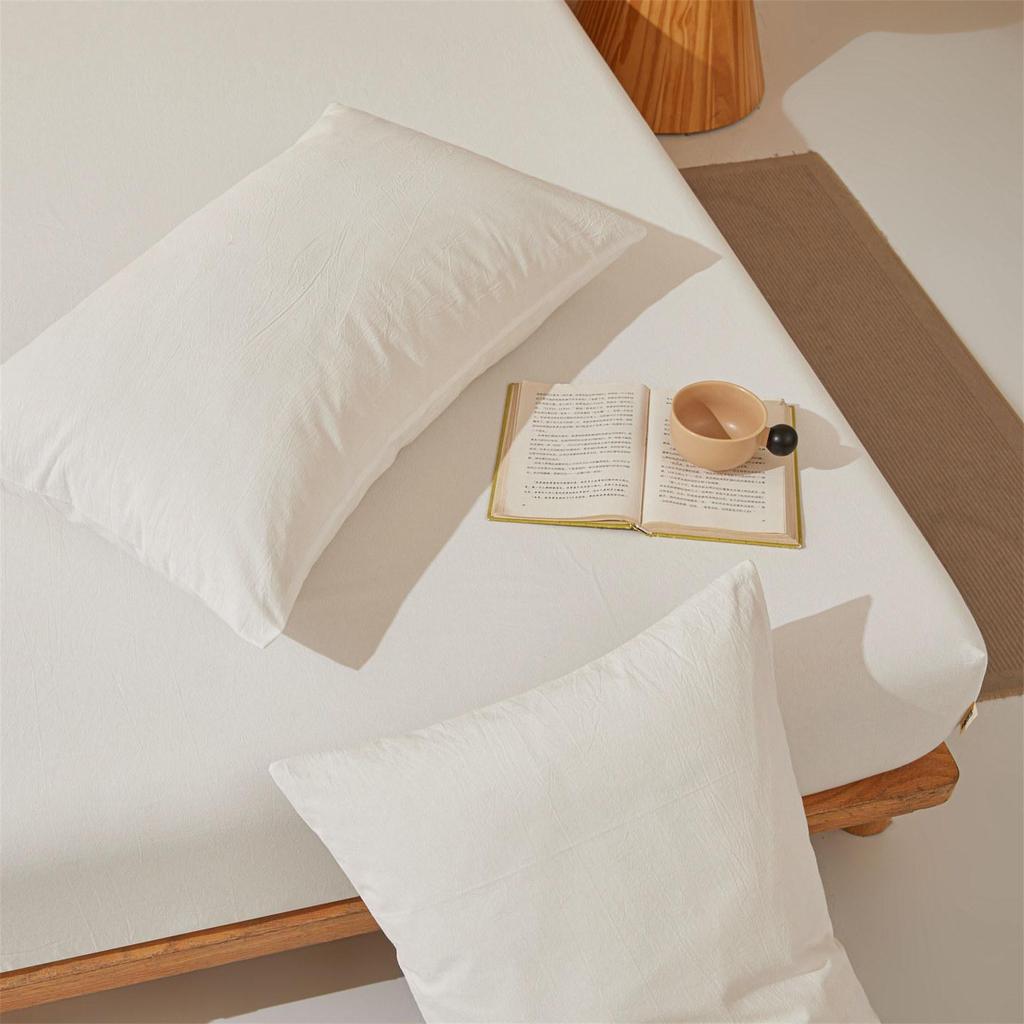 Pure Cotton Weave Washed Fitted Sheet - Solid Stripe Mattress Protector