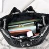 Sparkling Rhinestone Embellished Drawstring Crossbody Bag for Women Multi-Functional Bucket Purse with Detachable Chain Strap