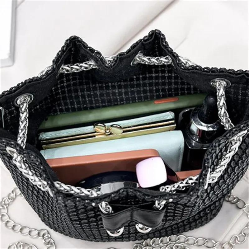 Sparkling Rhinestone Embellished Drawstring Crossbody Bag for Women Multi-Functional Bucket Purse with Detachable Chain Strap