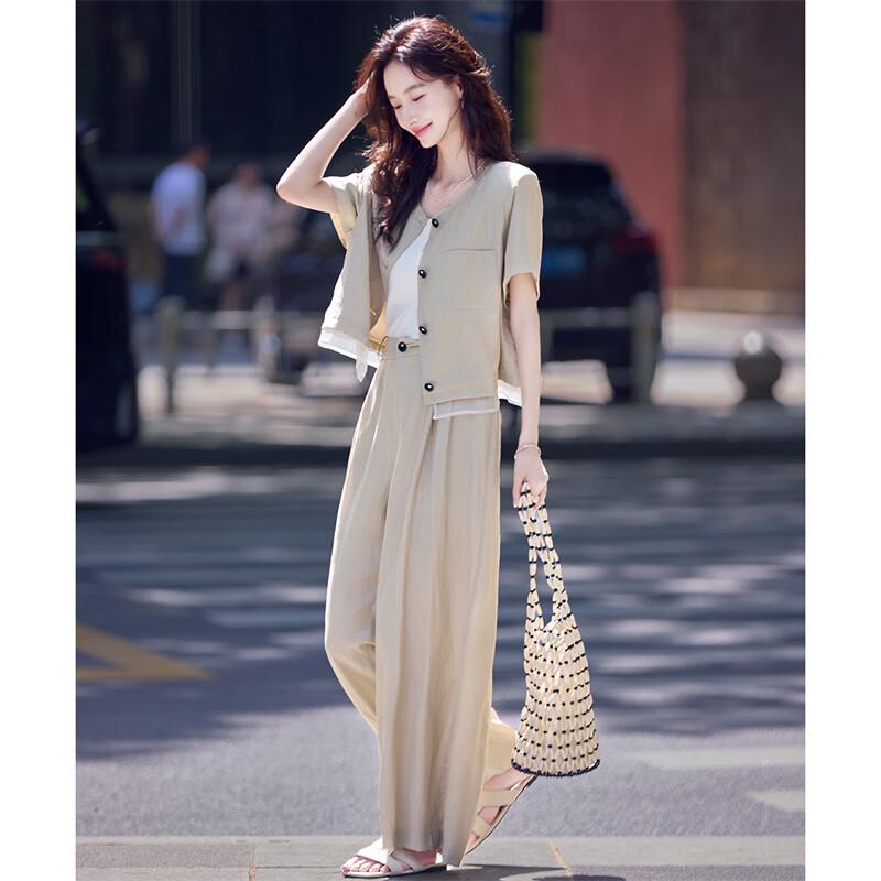 Shangjing Literary Style Pocket Blouse & Wide-Leg Pants Set