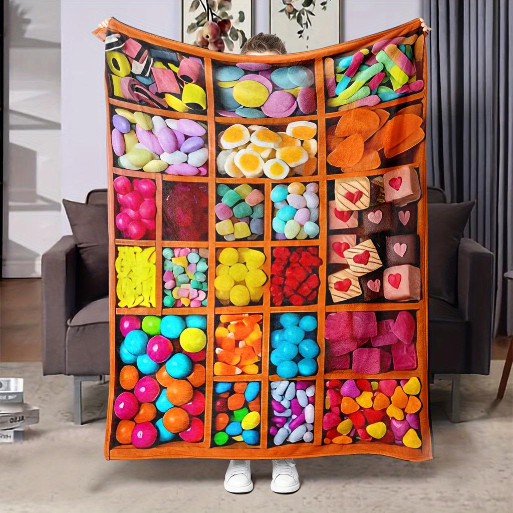 1Pc Cozy Candy Digital Print Throw Blanket - Contemporary Style, Soft Warm All-Season Knitted Polyester, Geometric Pattern, Idea