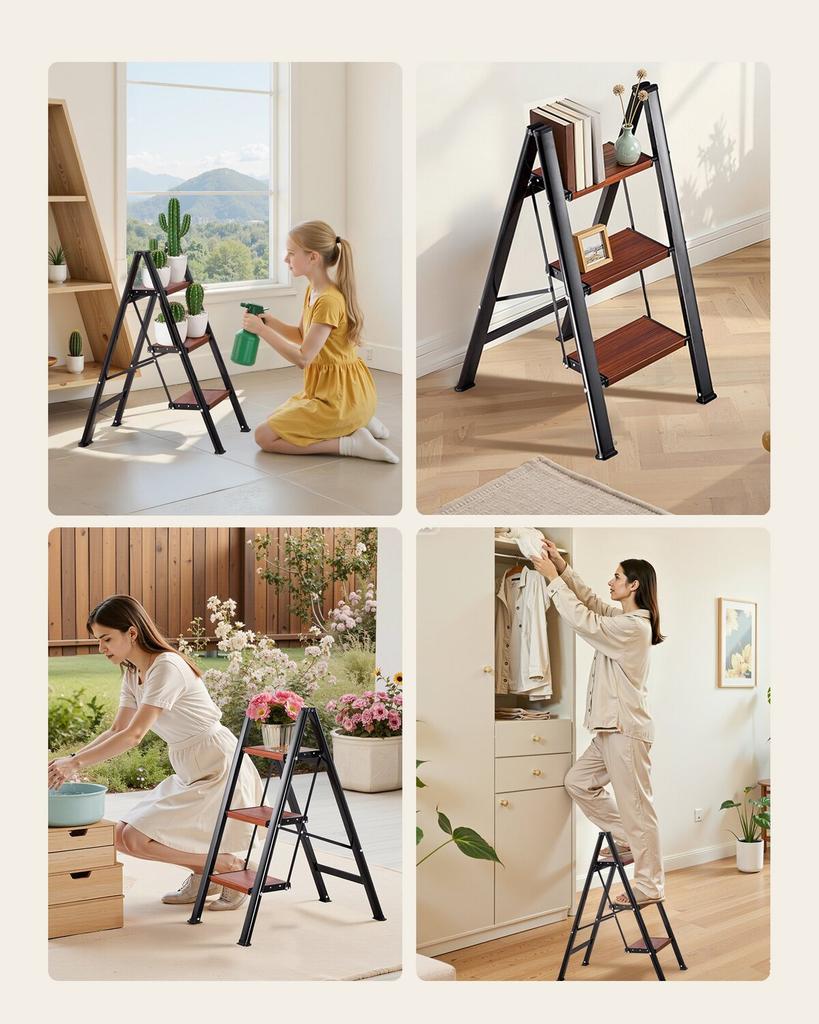 3 Step Ladder, Folding Step Stool with Wide Anti-Slip Pedal and Comfort Handgrip, Lightweight 150 kg Capacity Portable Aluminum Plant Support,