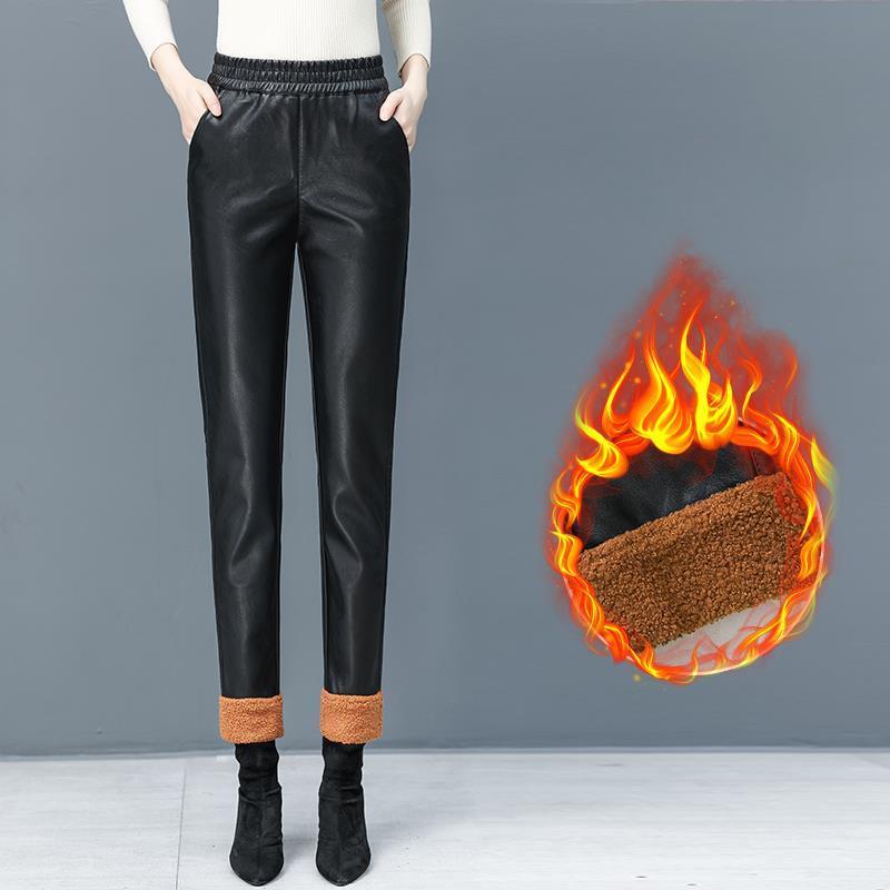 

Брюки из утолщенной искусственной кожи, женские зимние свободные повседневные широкие брюки с эластичной резинкой и высокой талией, черные шаровары с девятью точками XL коричневый/хаки