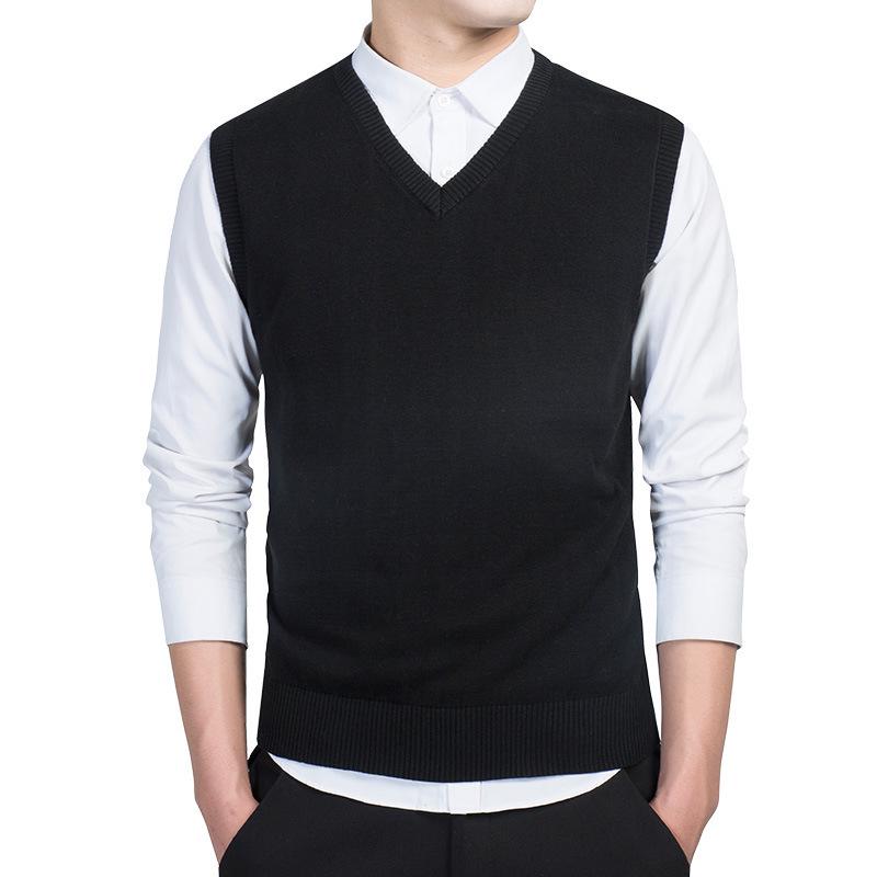 Men's Solid V-Neck Wool Knit Vest - Sleeveless Pullover for Spring and Autumn