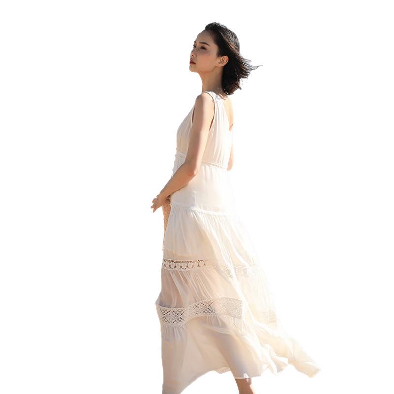 Forest Chic White Spaghetti Strap Dress - Gentle Fairy Long Vacation Dress Sanya Beach Style (f2105)