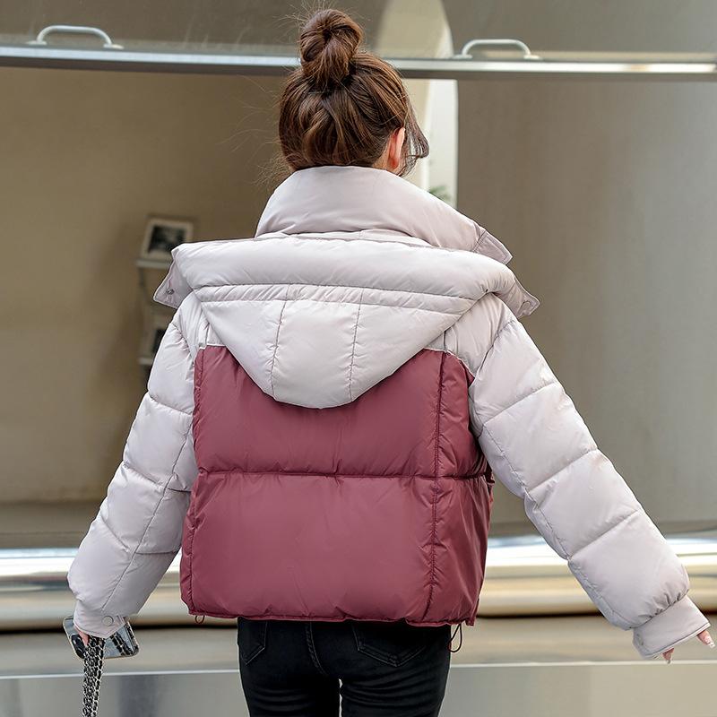 Small person contrasting color splicing hooded short down cotton clothes women's autumn and winter new bread clothes thickened coat