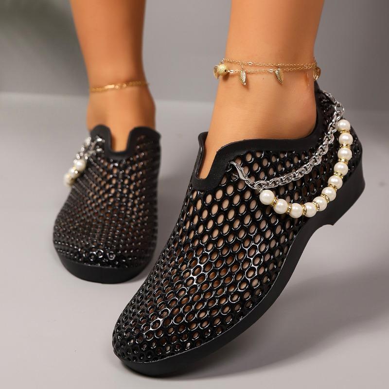 Women's Low Heel Shoes Summer New Round Head Deep Hollow Beaded Metal Chain Anti-slip Wear-resistant Sandals