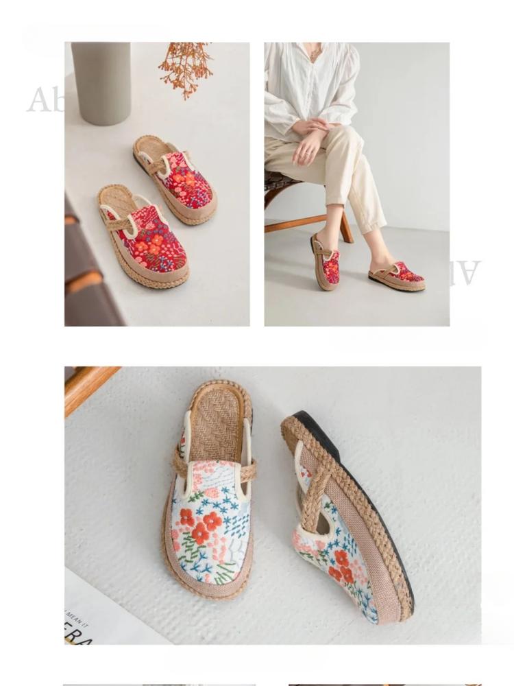 Johnature Εθνικού Στυλ Κεντημένες Παντόφλες από Βαμβάκι Λινό Γυναικείες Χειροποίητες Πλακέ Υφασμάτινες Παπούτσια