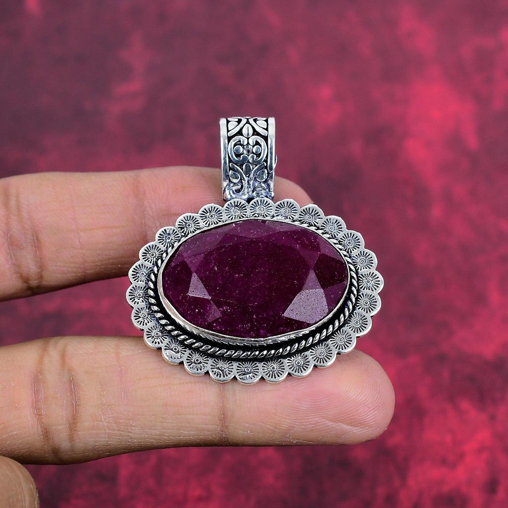 Bijuterii cu pietre prețioase cu pandantiv rubin, pandantiv lucrat manual din argint solid 925, bijuterii de ultimă generație