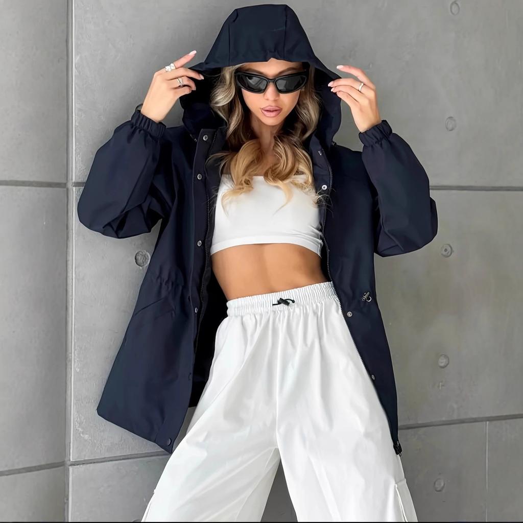 Women's Long Sleeve Hooded Drawstring Windbreaker Jacket