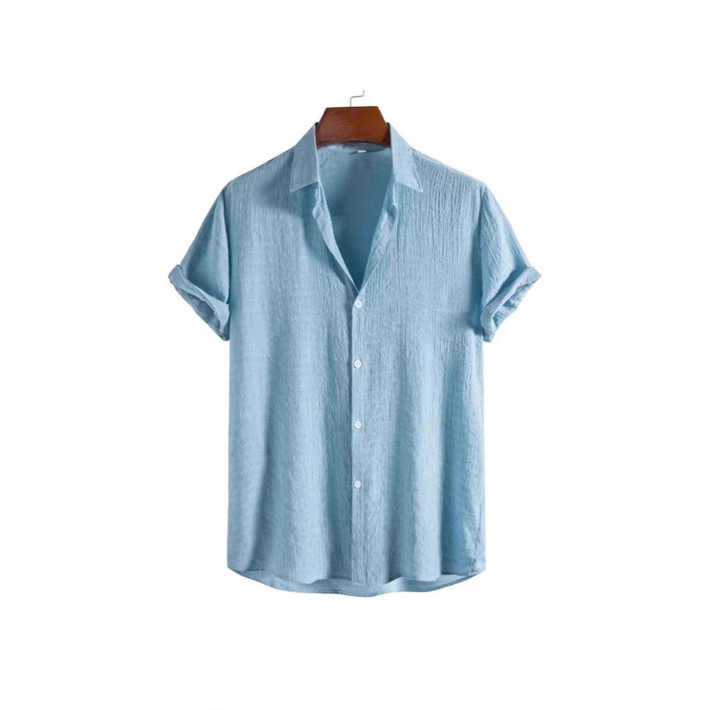Man cotton shirt men's fashion trend solid color shirt dark compartment short sleeve men's shirt men's