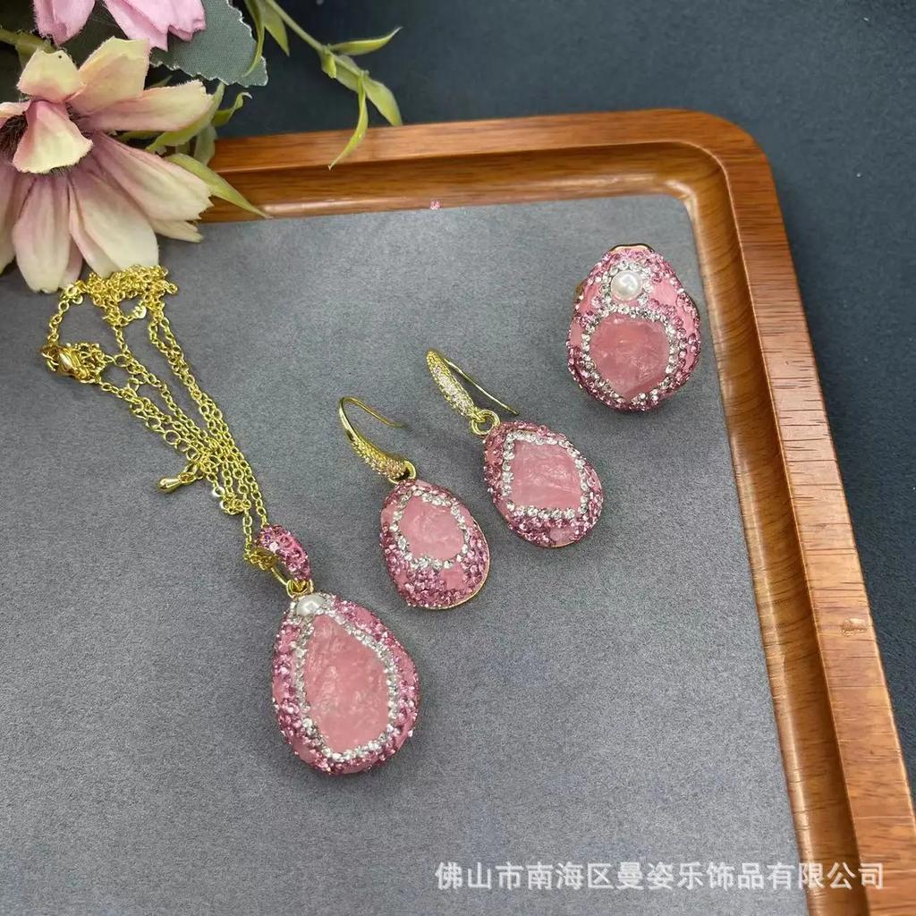 New natural powder crystal rough stone Zircon set French fashion inlaid rhinestone three-piece set Zircon wholesa
