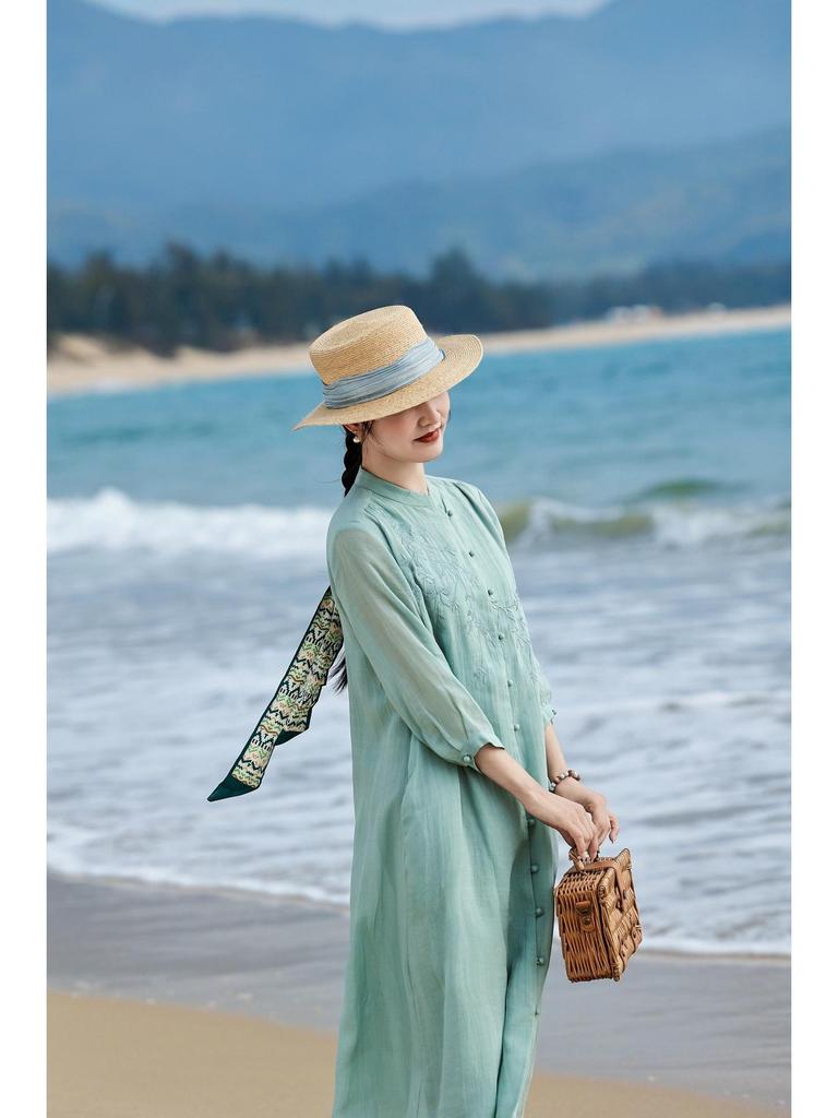 2026 Artistic Women's Textured Linen Embroidered Dress with Three-Quarter Sleeves and Flowing Mid-Length Skirt