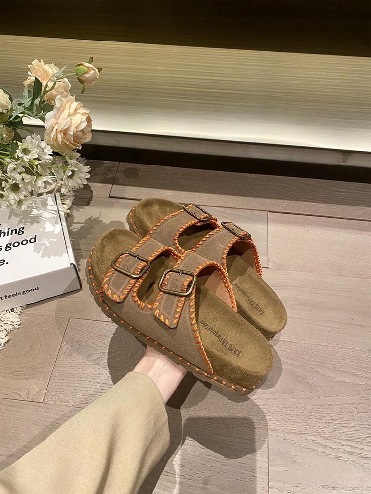 

Fashion 2025 New Summer Slippers Split Leather Shoes Retro Flats Slip-on Sandals Beach Slides Leisure Walking Shoes Zapatos Para Mujer 39 хаки
