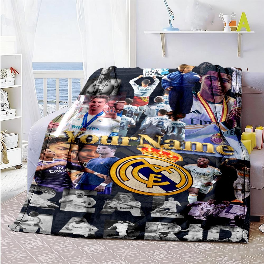 Real Madrid Personalized Text Blanket Throw Customizable Blanket Soft & Cozy Throw For Bedding Office Chair Office Bed Four Seasons Multipurpose