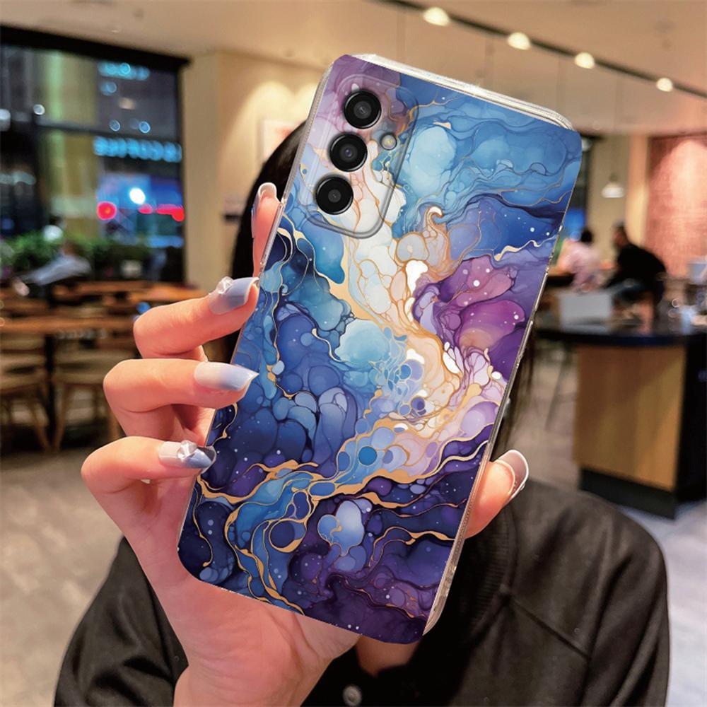 Artistic Blue Marble Black Leopard Print Phone Case For Samsung M33 M35 M34 M13 M14 M15 M53 M54 M55 M23 Clear Transparent Cover