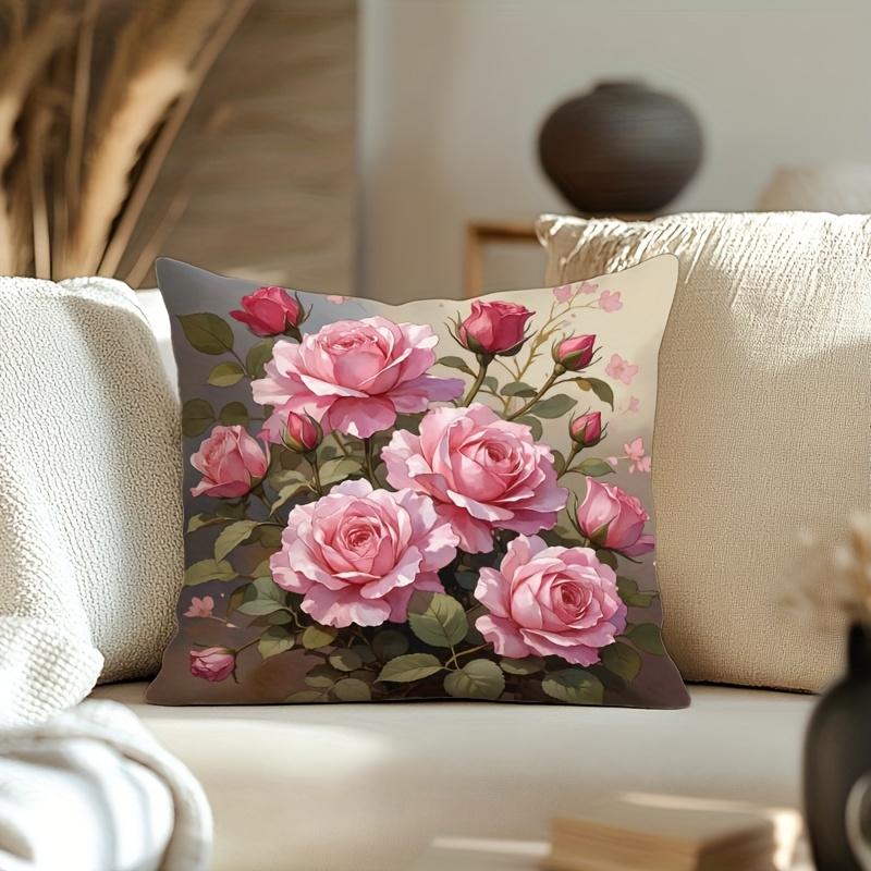 1Pc Pink Rose Floral Flower Themed Printed Throw Pillow Cover, Suitable For Sofa, Bedroom, Living Room, Romantic Gift For Women.