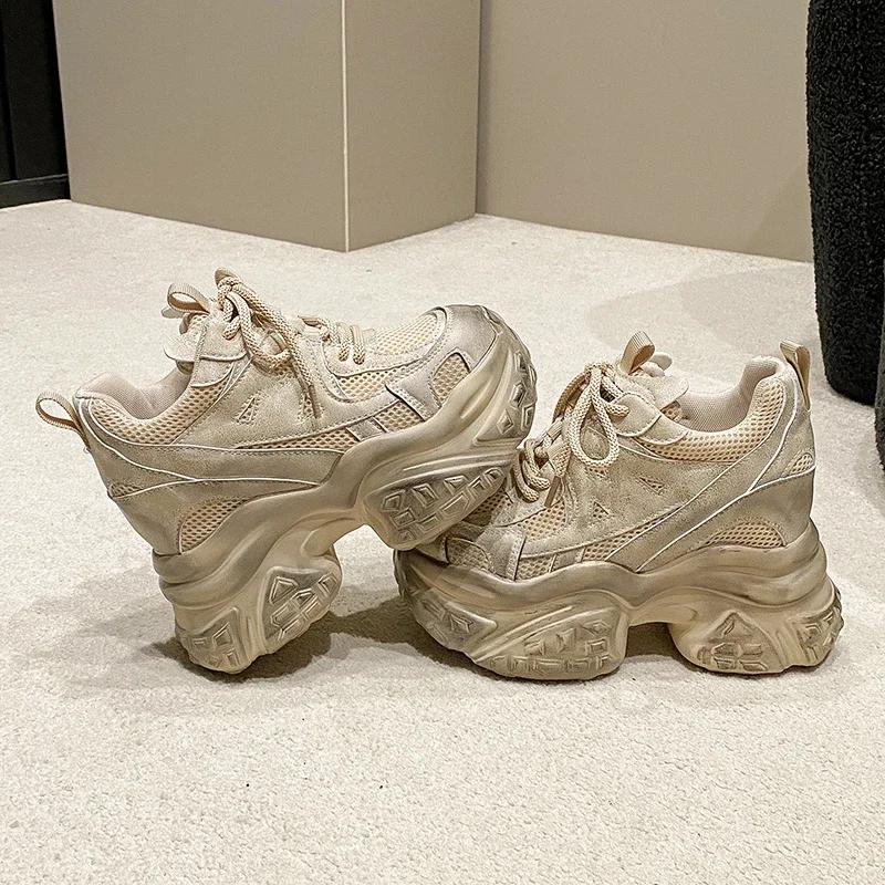 Fashion 10.5CM High Platform Sneakers Women New 2025 Mesh Shoes Comfortable Casual Chunky Shoes Wedge Heels Breathable Sneakers