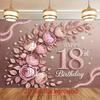 An Elegant 18th Birthday Party Backdrop - Featuring Pink and Gold Floral Designs, with the Shining "Happy 18th Birthday" Text.