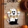 Easy Clean Festive Door Hanger Cute White Ghost Wooden Sign with Black Cat BOO Boho Halloween Room Decoration Banner, Waterproof Front Plaque