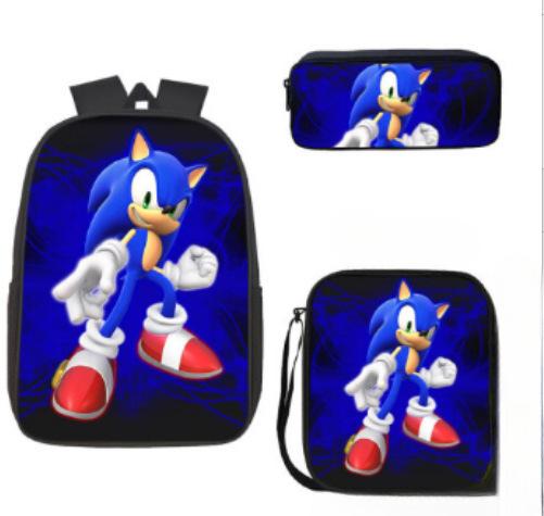 Cartoon Sonic Backpack, Primary And Secondary School Schoolbag, Messenger Bag, Pencil Case Three-Piece Set