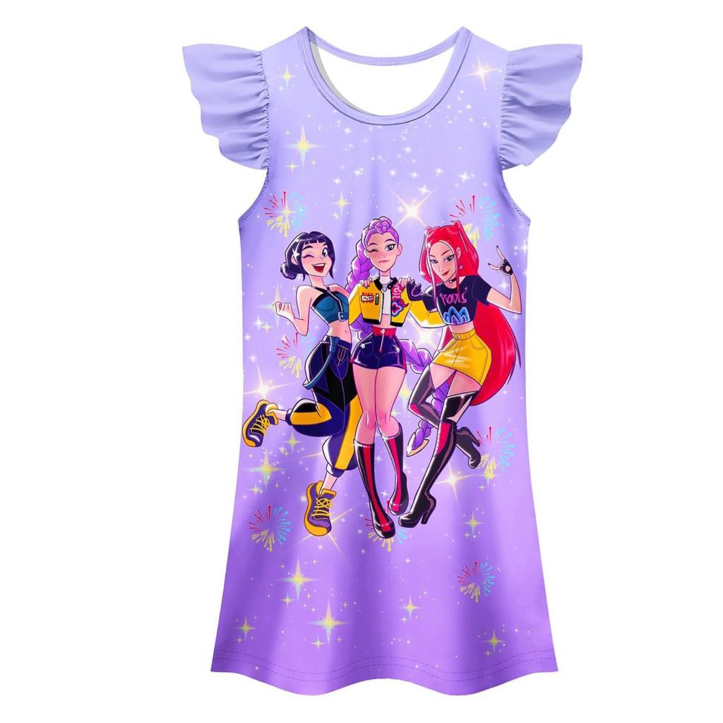 Kpop Demon Hunters Pattern Girl Lounge Dress With Soft Milk Silk For Children 120cm фиолетовый