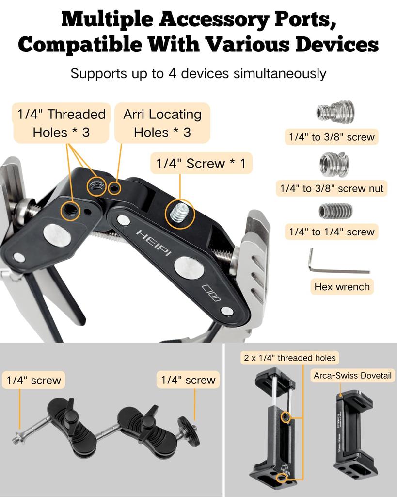 HEIPI Super Clamp Phone Camera Mount 2-in-1 Clamp and Stand 360-Degree Rotating Magic Arm Phone Clip Adapter Max Clamp 3.97 Inches