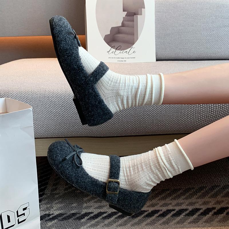 70820 feet wide feet fat large size women's shoes cotton single shoes velvet warm Mary Jane shoes soft sole bow flat shoes