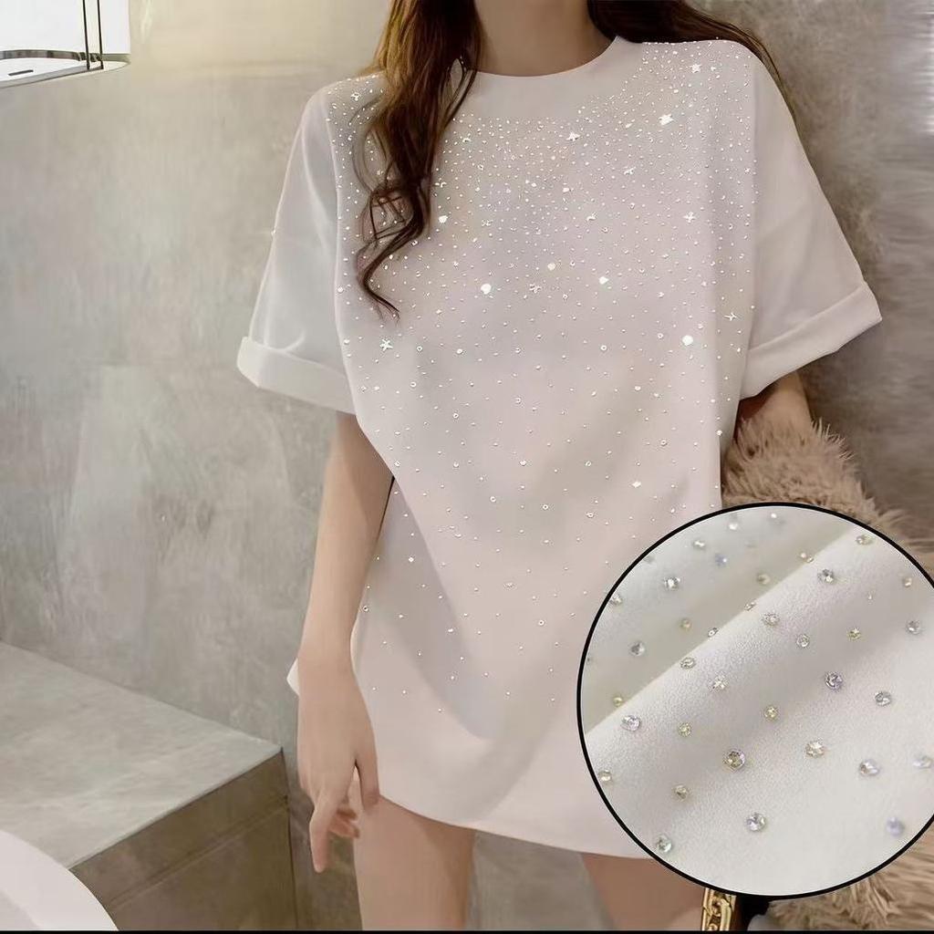 Cotton Short-sleeved Summer Heavy Industry Hot Diamond Medium and Long Loose and Thin Versatile Casual Top