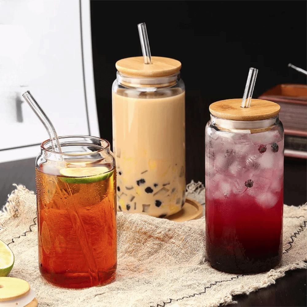With Straw and Lid Glass Can Shaped Cups Spill-Proof Bubble Tea Cup Glass Drink Cup  Milk Tea