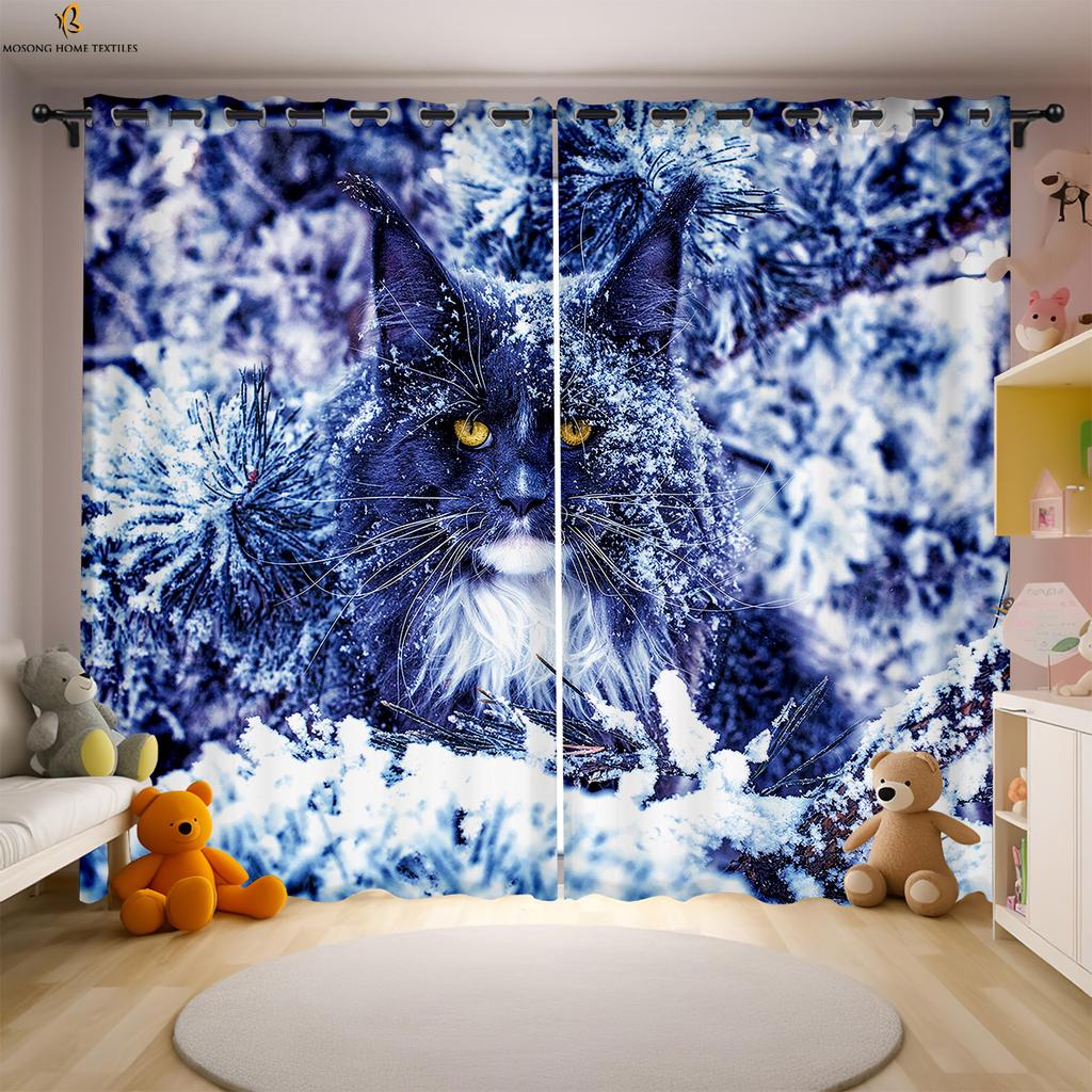 Cat Cartoon Printed Curtains Polyester Bedroom Living Room Kids Window Decoration Curtain Set Of 2 Made Washable Sitting Ready