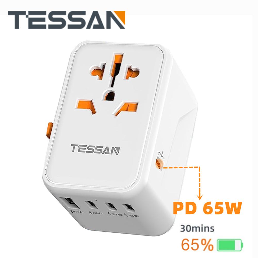 

Международный универсальный дорожный адаптер TESSAN 65 Вт с USB-портами, адаптер питания типа C, быстрое зарядное устройство, вилка стандарта ЕС/Великобритании/США/Австралии для путешествий