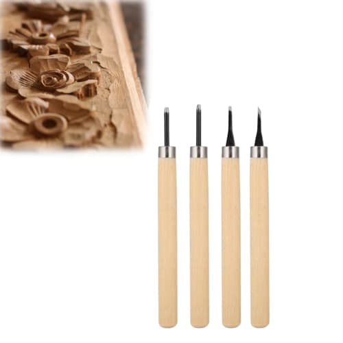 Wood Carving Tool Set, 4-Piece Set with Chisels, Extra Fine, Round, and Extra Fine, for Beginners, Manual Sharpener, Rubber Stamp, Knife Carving Tool