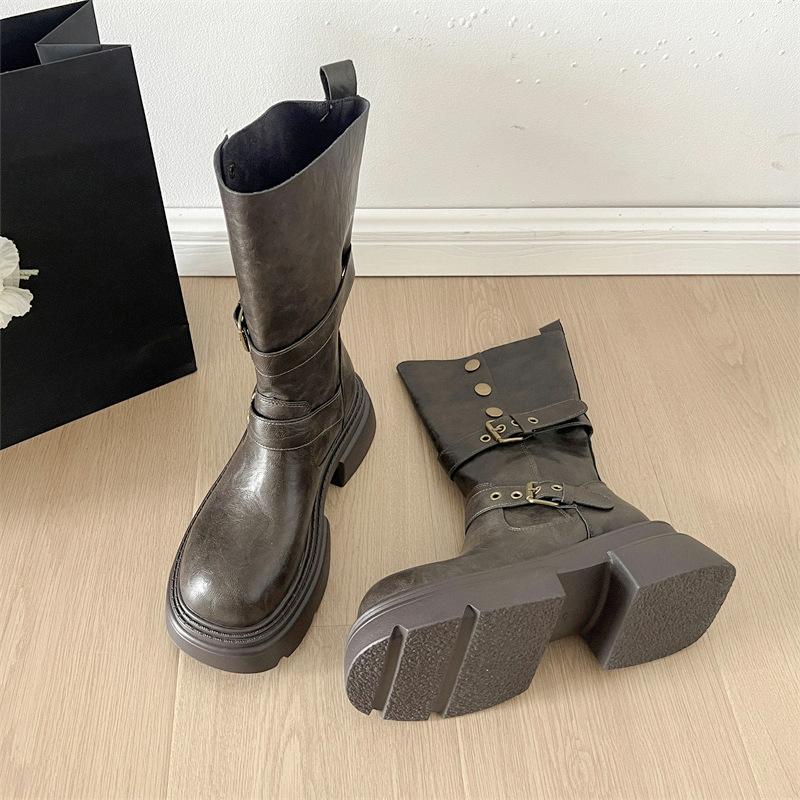 Braune Retro-Martin-Stiefel mit dicker Sohle und dickem Absatz für Damen, neu für Sommer 2025, Britischer Stil, dünne niedrige Schaftstiefel