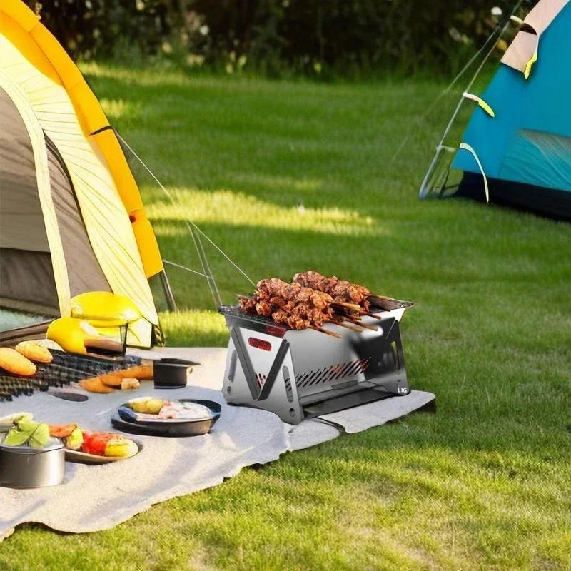 Wood Burning Camp Stove Picnic BBQ Cooker Stainless Steel Folding Backpacking Stove with Grill-Grid Wood Fire Stove for Outdoor