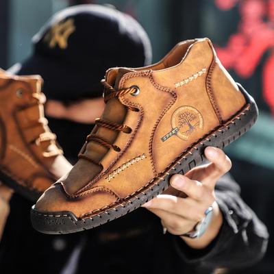 Fashion Men's Shoes Short Boots Handmade Leather Boots High Top Leather Flat Bottom Outdoor Workwear Casual Shoes Large Size Board Shoes