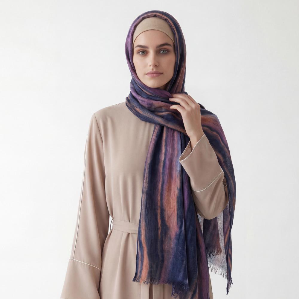 Retro Gradient Pleated Stripe Cotton Headscarf - Women's Large Ethnic Wrap