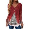 Women's Fashion Casual Christmas Tree Print V-Neck Decorative Button Long Sleeve T-Shirt Top