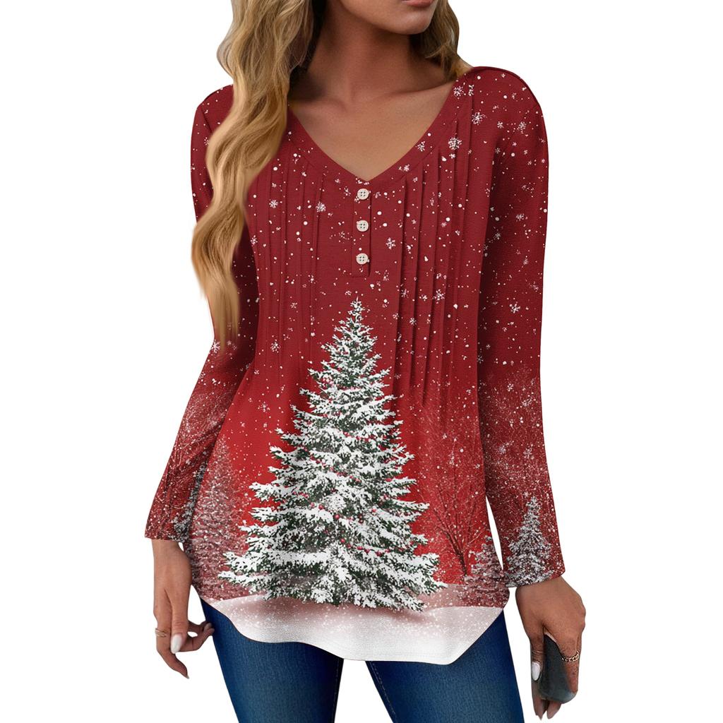 Women's Fashion Casual Christmas Tree Print V-Neck Decorative Button Long Sleeve T-Shirt Top