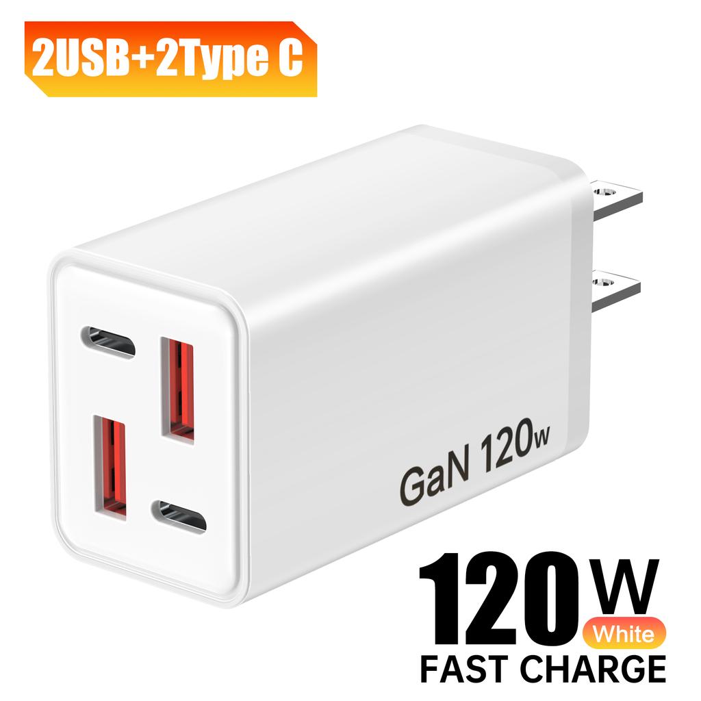 Carregador de Parede GaN USB Total 120W 4 Portas Tipo C Carregamento Rápido Adaptador de Parede 2PD 2USB Quick Charge 3.0 Carregadores de Viagem Adaptador de Carregamento