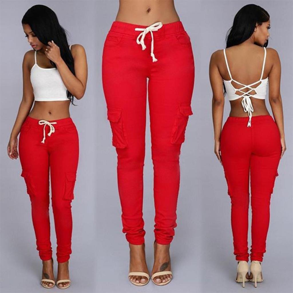 Damen Mid-Rise Tunnelzug Skinny Hosen Schmal Geschnittene Bleistifthosen Streetwear Lässige Lange Hosen