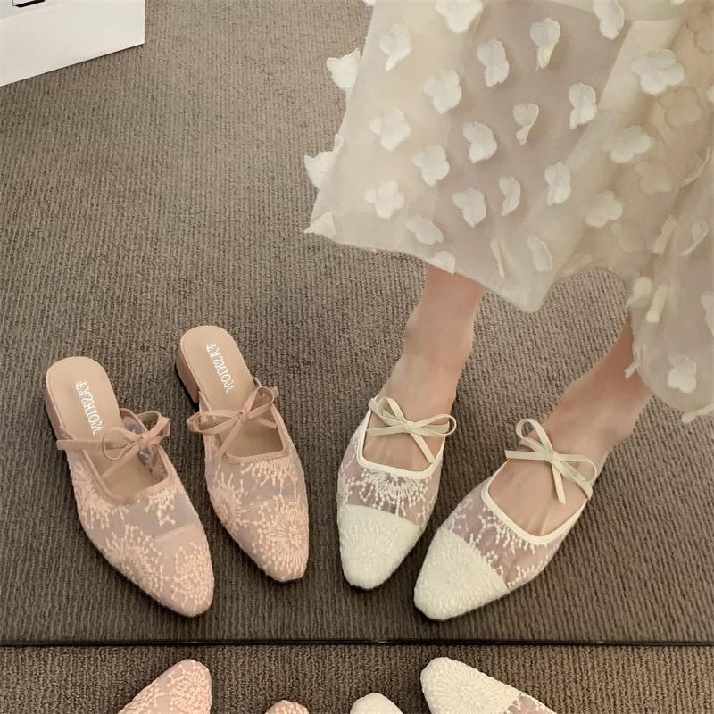Gentle Lace Square Head Bow High Heels Women's Outer Wear Bag Head Half Slippers Niche Light Mouth Muller Cool Slippers