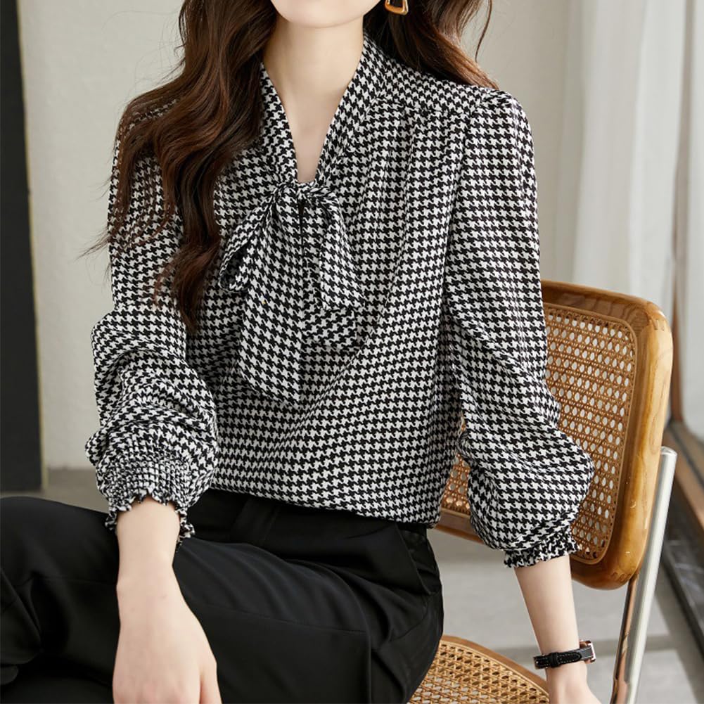 Bidason Hahnentritt Langarm mit und Elegant Ballonärmel Locker Perfekt für Alltag und Winter Damenbluse, Band, Stilvoll, Elegant, Niedlich, Ärmel,