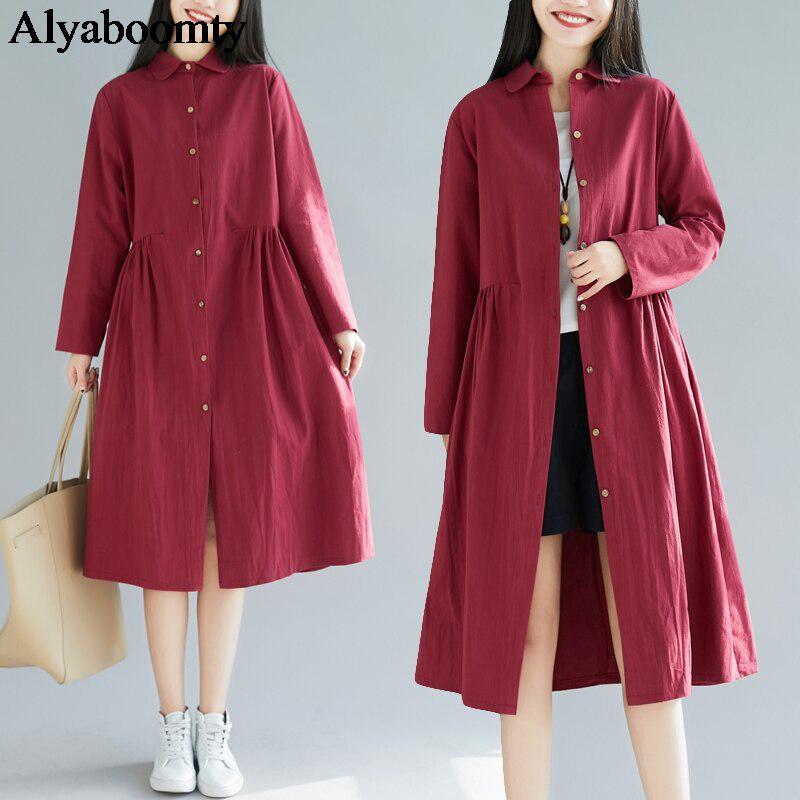 Mori Girl Autumn Spring Women Midi Shirt Dress Pink Wine Red Loose Cardigan Cotton Linen Retro Dress
