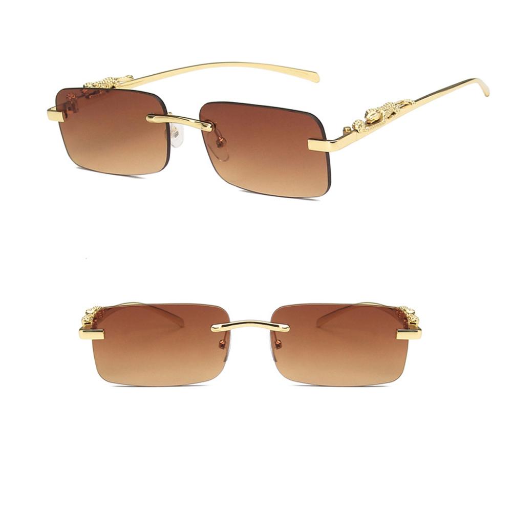 Rimless Rectangle Sunglasses Retro Clear Ocean Lens Sun Glasses Cheetah Decoration Shades UV400 Eyewear for Women Men