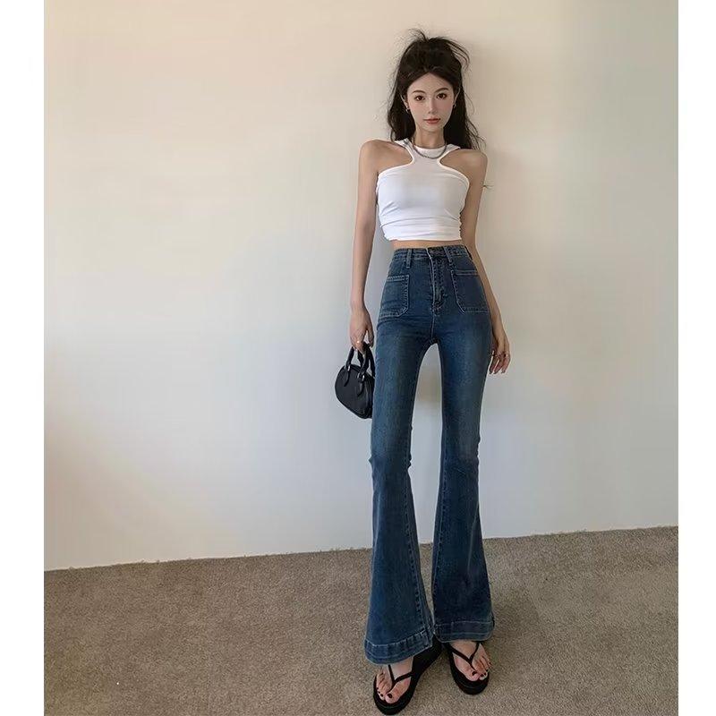Jeans women's Hong Kong style retro high waist summer new small thin versatile micro flared pants trousers