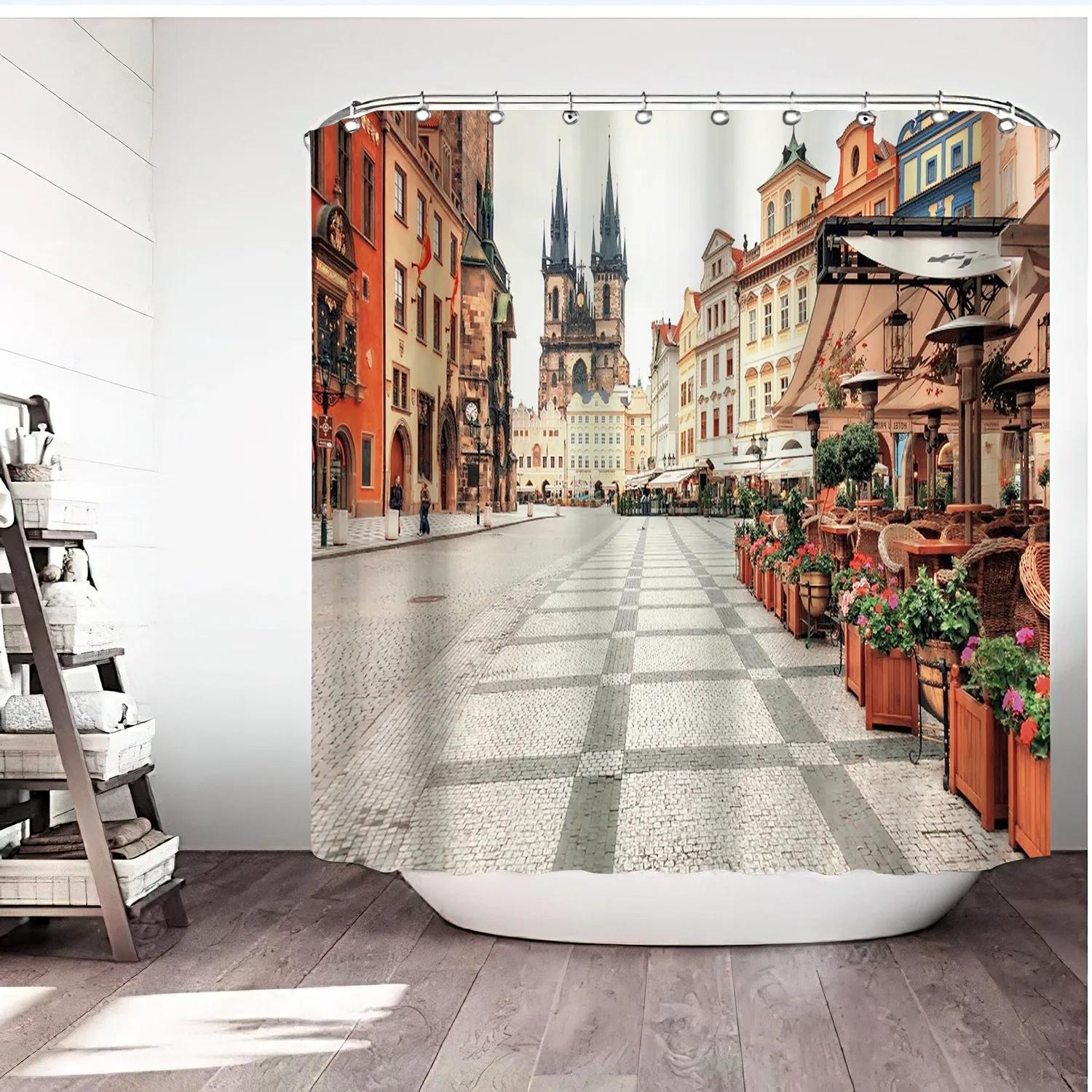 

3D European Country Town Streetscape Printed Shower Curtain Bathroom Bathtub Waterproof Curtain Home Decor Aesthetic With Hooks W60H190(CM)-1 Pcs
